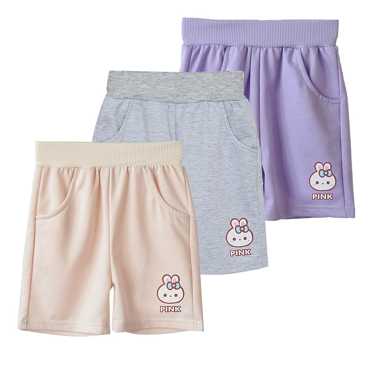 Lot de 3 Enfants Shorts Loisirs été Bermudas Filles avec Motif Arc-en-Ciel, Bébé Fille Pantalons Courts Coton avec Poche Sweatpants Pull-on Short Couleur Pure à l'extérieur, 1-10 Ans