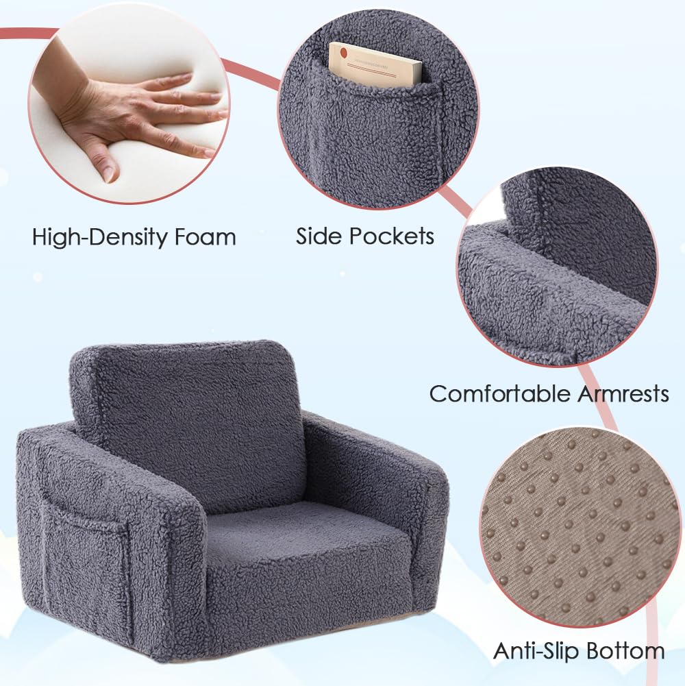Kids 2-in-1 Flip Open Toddler Couch - Converts To Lounger, Sturdy Wooden Frame, High-Density Sponge, Detachable Cover