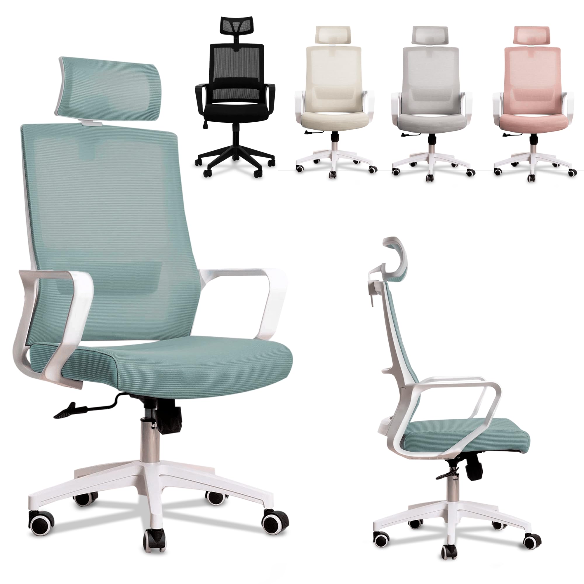 JUPPLIES Silla Escritorio Ergonomica - Silla Oficina Ajustable y Reclinable con Soporte Lumbar, Reposacabezas Ajustable, Malla Transpirable, Ruedas Giratorias 360° Soporta hasta 100kg (Azul)