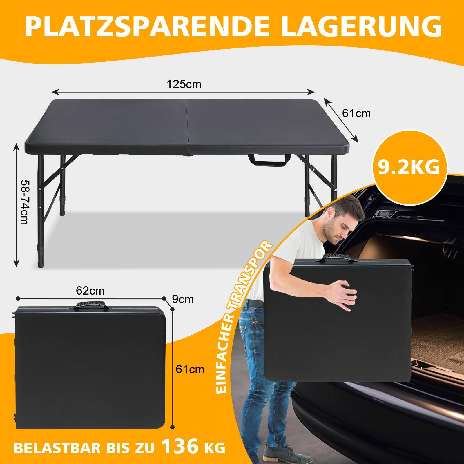 składany stół 125x61cm z tworzywa sztucznego, składany stół ogrodowy wielofunkcyjny, stół kempingowy z uchwytem do BBQ, kempingu, imprezy, czarny
