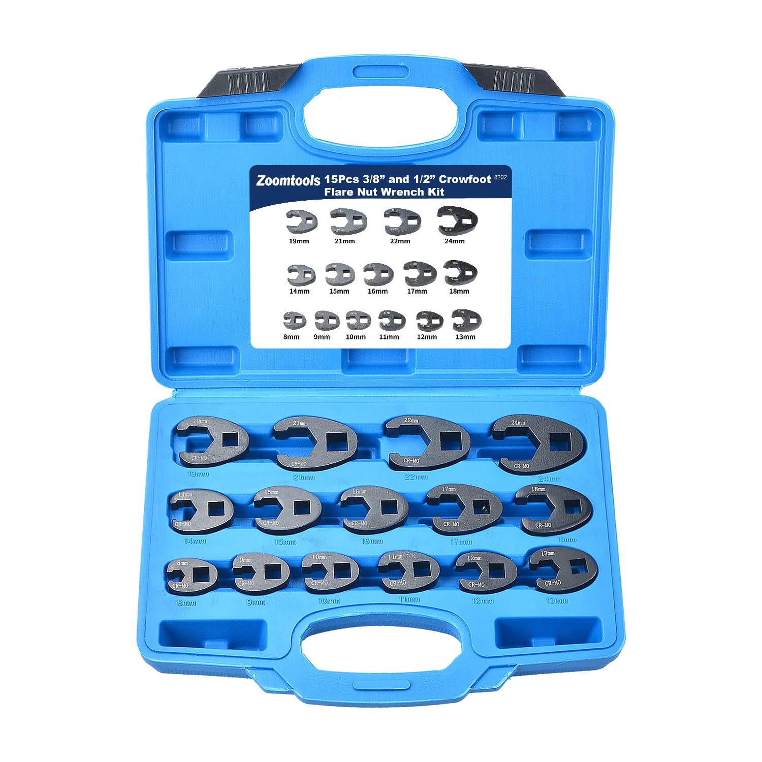 Ensemble de Clés à Pied de Biche (Crowfoot) 8-24 mm Kit de Douilles Ouvertes en Cr-Mo, pour Espaces Restreints, Auto et Moto, 3/8" et 1/2"