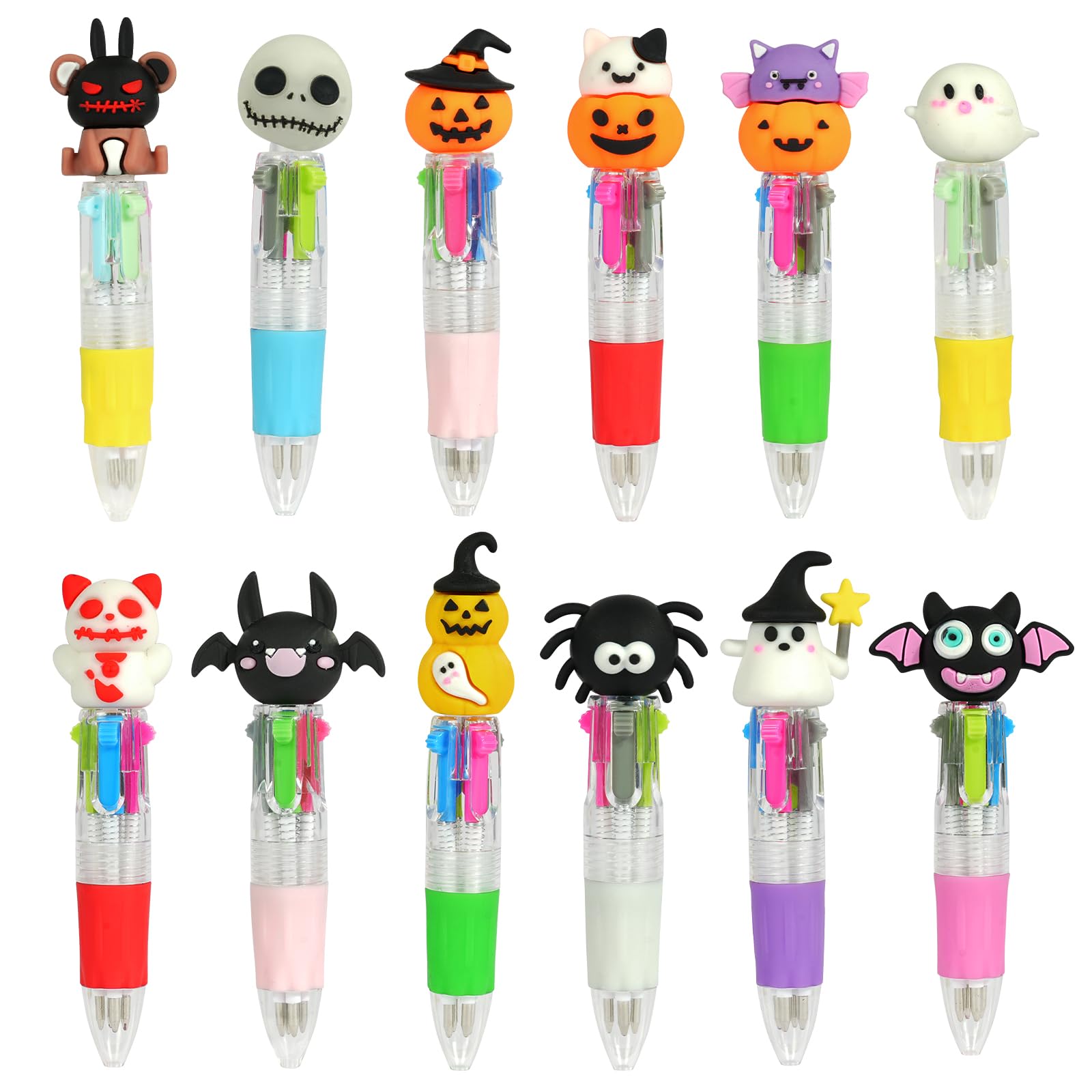 AOOSU 12PCS Halloween Multi Coloured Pens, 4-Color Mini Retractable Ballpoint Pen, Mini Colorful Pens Set