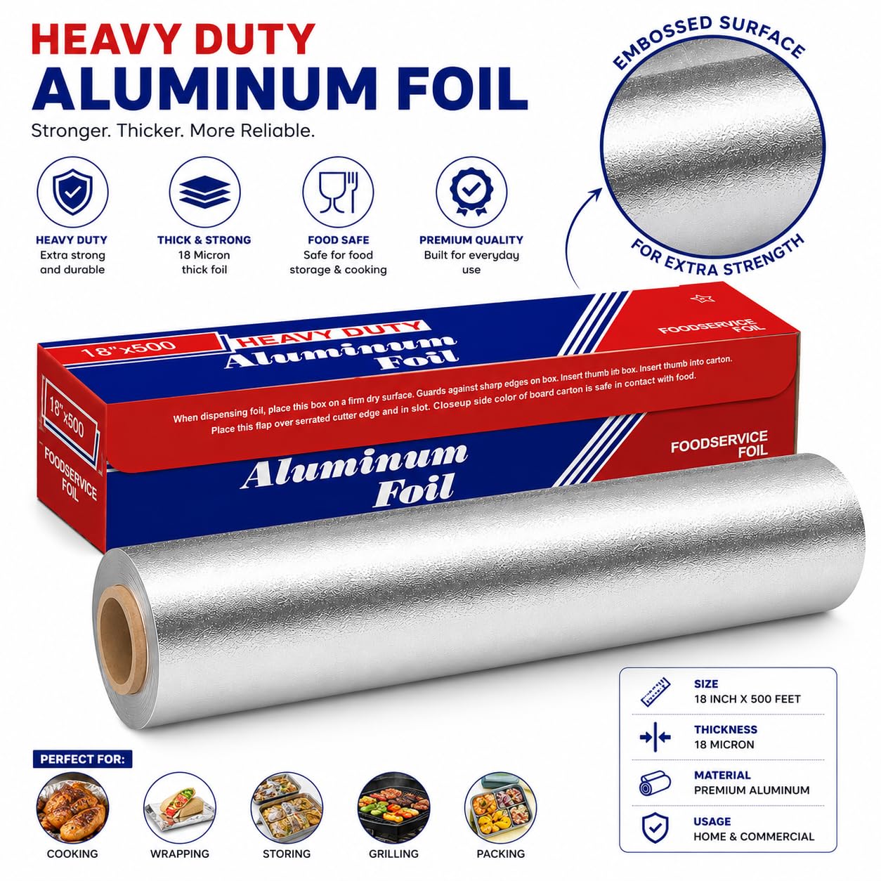 Papel de aluminio resistente, 18 pulgadas x 500 pies, grado industrial comercial, servicio de alimentos, envoltorio, grueso a granel, rollo muy resistente, 1-Paquete De