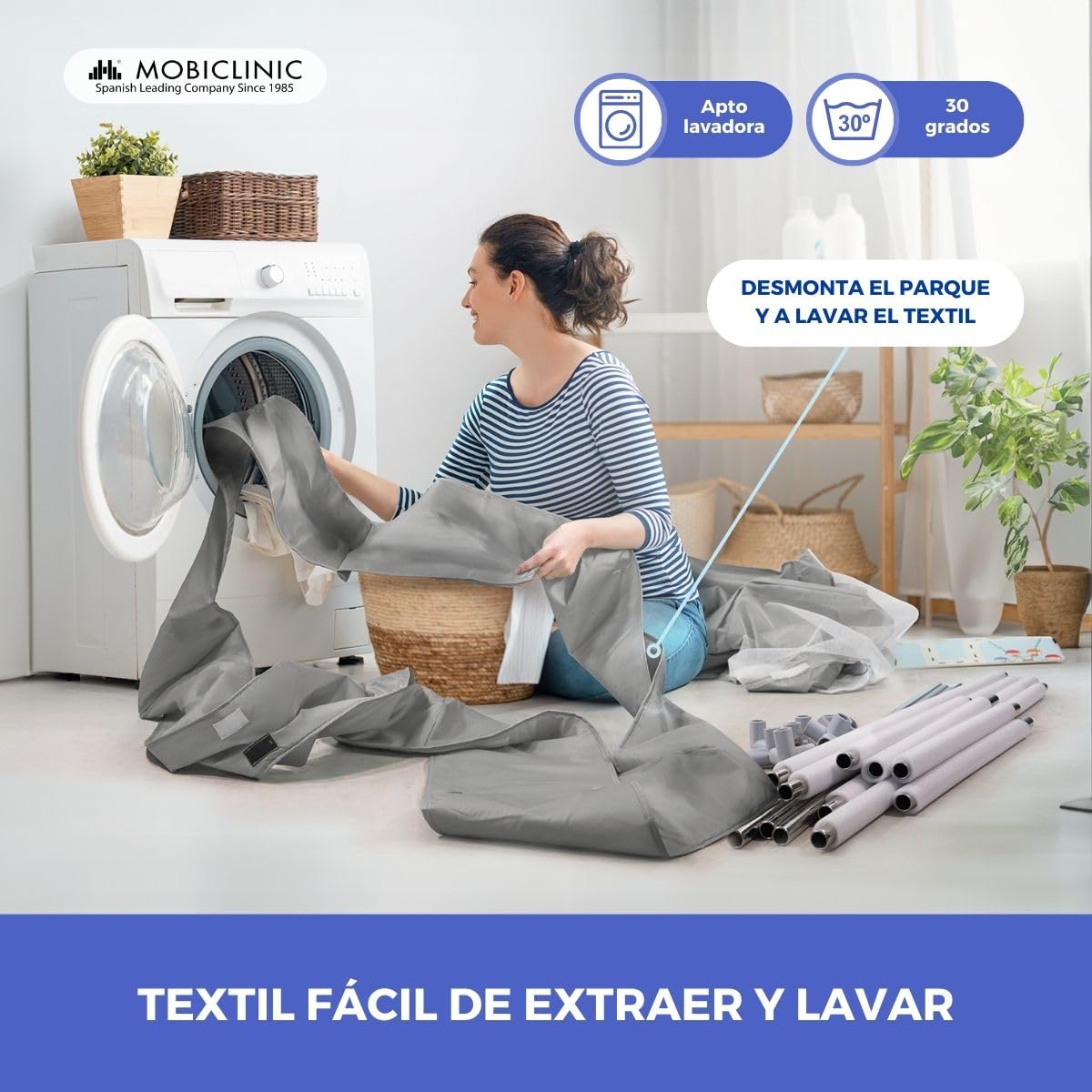 Mobiclinic®kids, Parque infantil bebe + alfombra de juegos reversible, Plegable, 125x125cm, Bolsa transporte, Transpirable, Happyland, Tejido lavable, Agarraderas, Corralito bebé (gris)