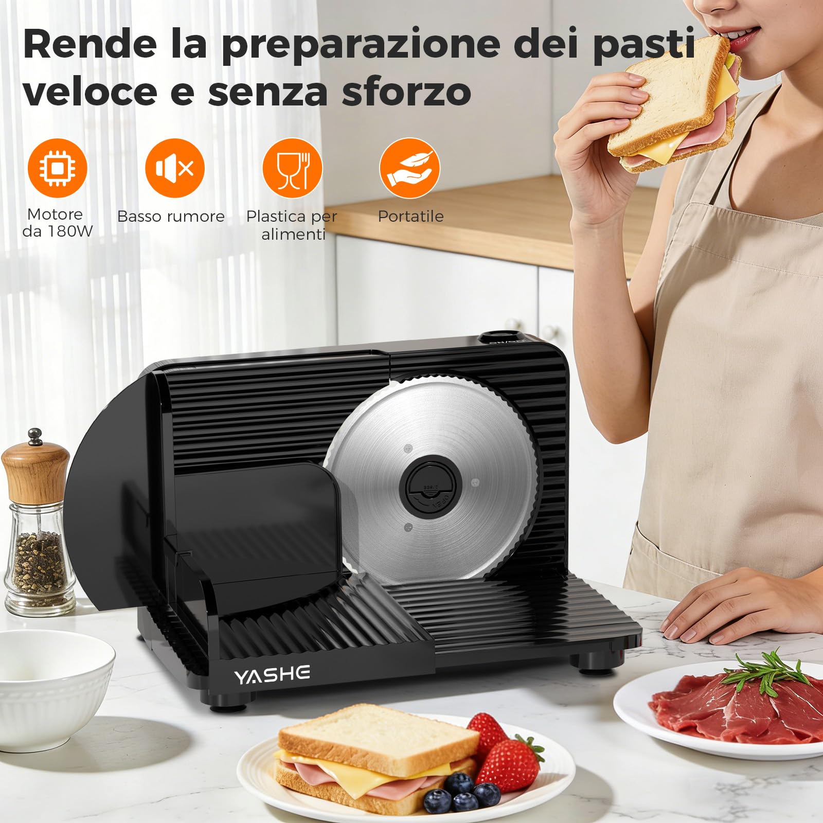 YASHE Affettatrice Elettrica Pieghevole 180W, Lama Inox 17 cm, Spessore Regolabile 0–15 mm, Compatta e Salvaspazio, Ideale per Carne, Formaggio, Pane e Verdure, Nera