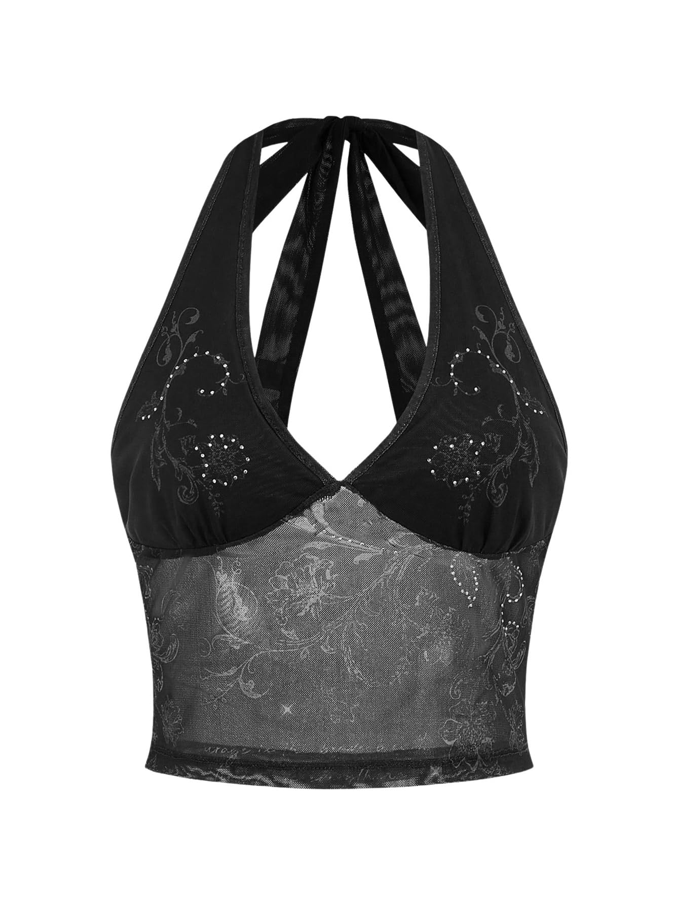 COZYEASE Women's Y2K Sheer Mesh Tie Back Halter Top Floral Print Rhinestone Cami Tops Backless Crop Tee