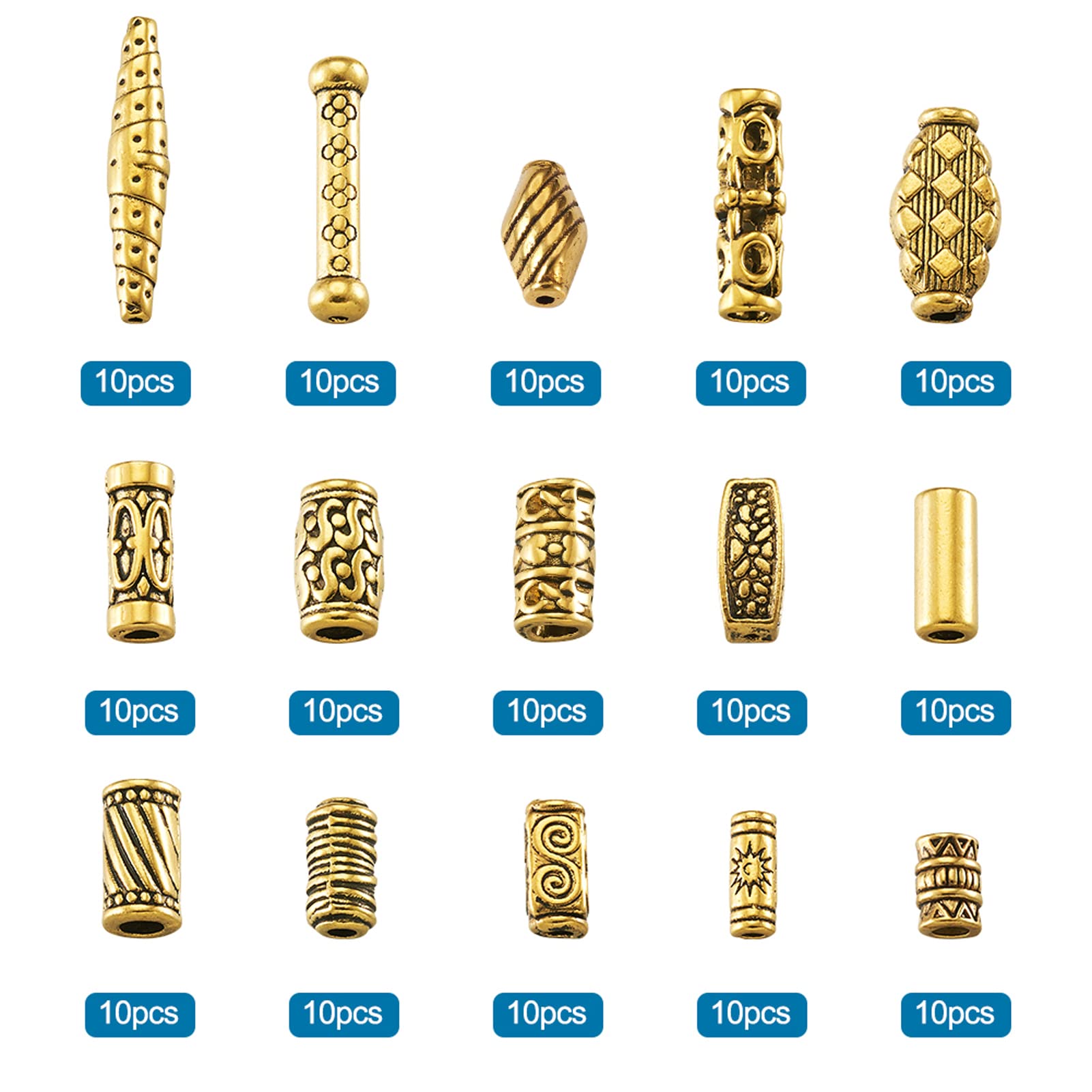 Cheriswelry 150pcs Tibetan Golden Column Beads 15 Styles Metal Tube Oval Barrel Spacer Beads Charm for Jewelry Bracelet Making - Image 2