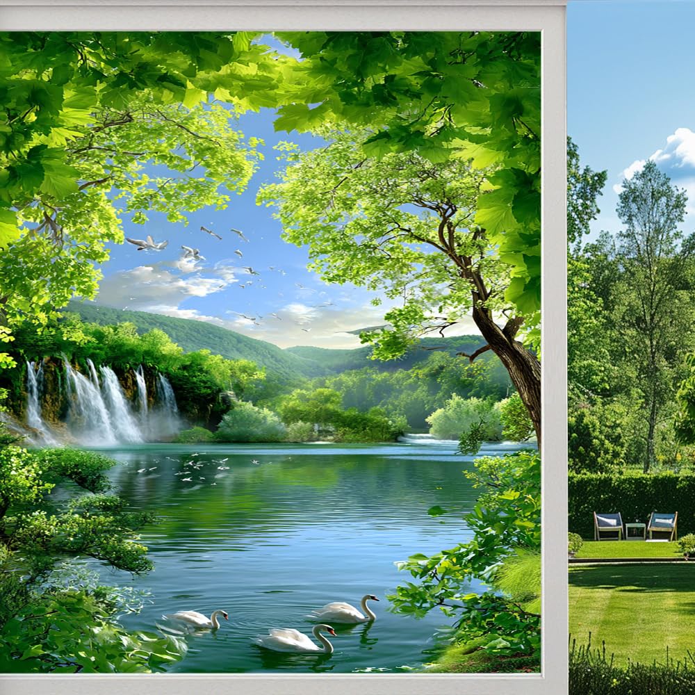 Rural Landscape Privacy Window Film, Natural Swan Sunshine Lake Frosted Self-Adhesive Vinyl Cling for Glass Doors Bathroom Windows Sun Blocking Heat Control, （55x80cm）