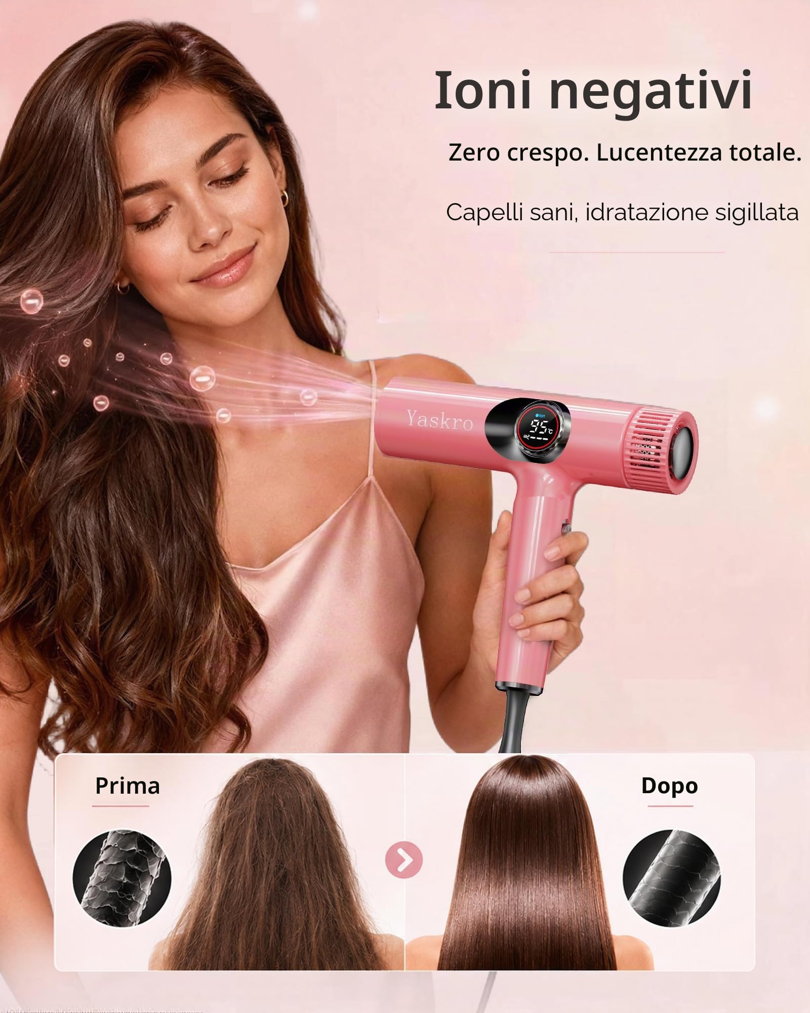 Asciugacapelli Ionico con Diffusore, Motore Brushless Professionale per Asciugatura Rapida, Display LED, Controllo Temperatura NTC, Leggero e Silenzioso, per Capelli Lisci e Spessi