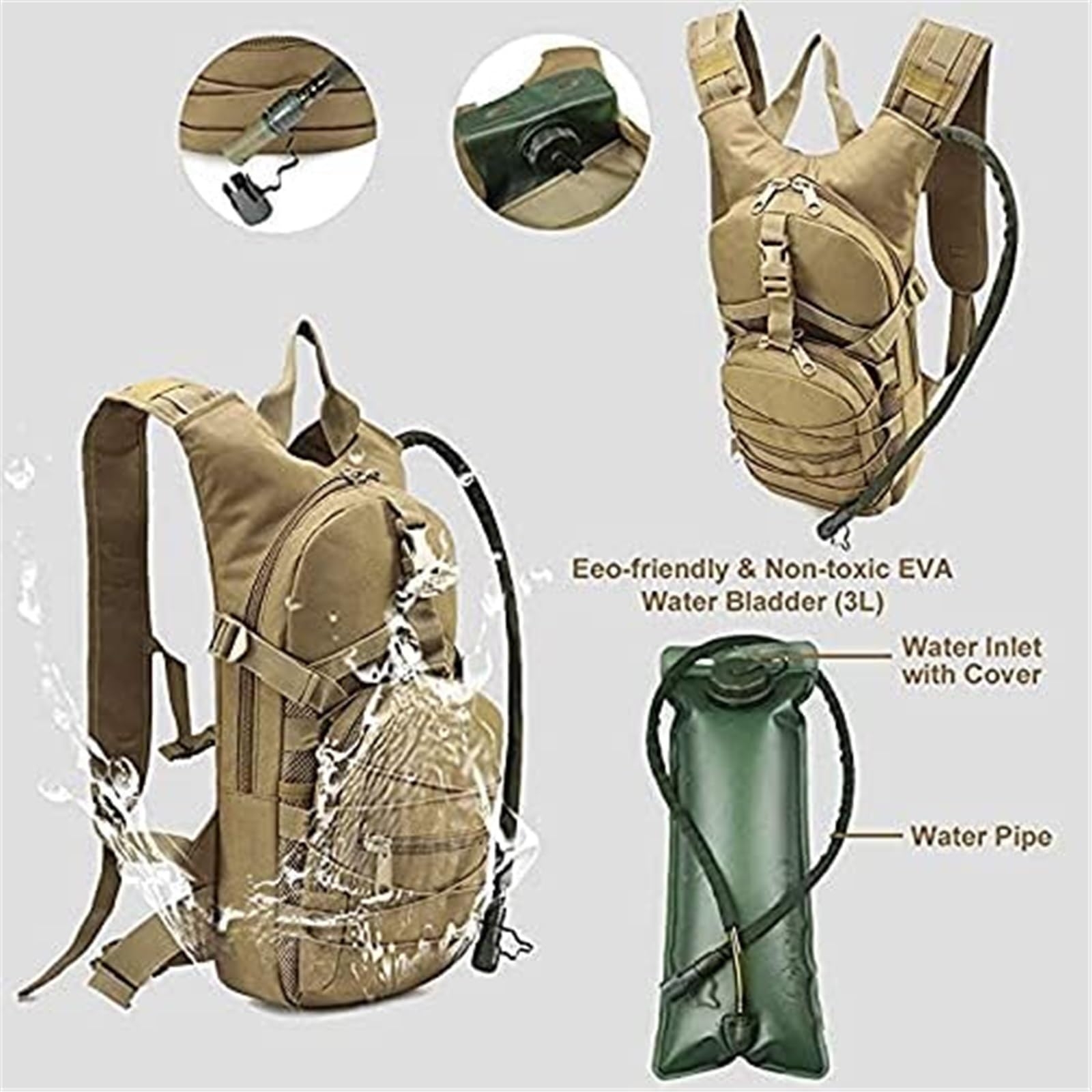Wygwlg Zaino Viaggio Leggero, Zaino da Campeggio per Escursioni All'aperto con Sacca d'Acqua da 3 Litri, Militare Impermeabile Assalto Sopravvivenza, per Trekking, Escursionismo, Viaggi(A)