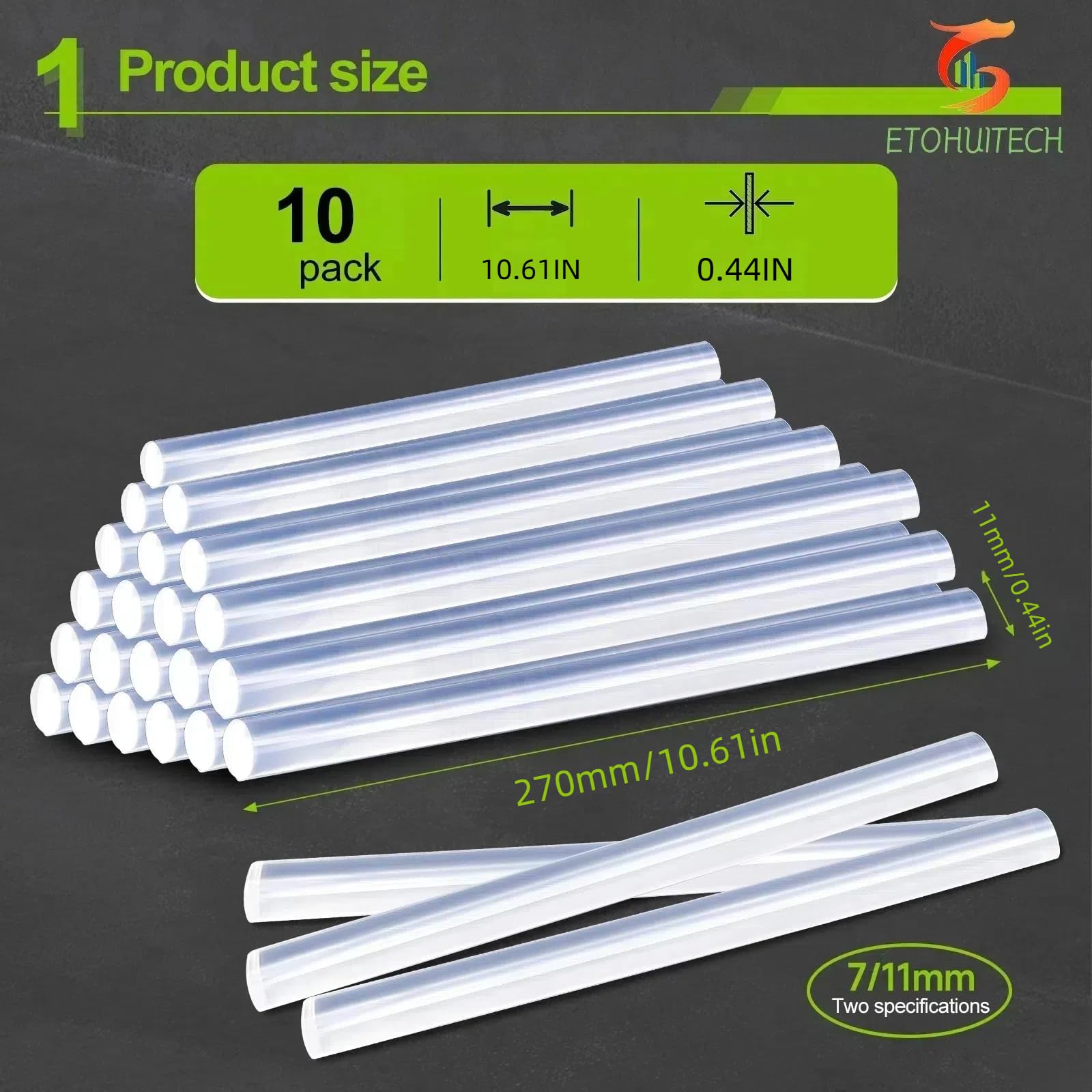 ETOHUITECH Transparent Hot melt Glue Stick 10pcs 0.44in*10.61in. (Transparent)