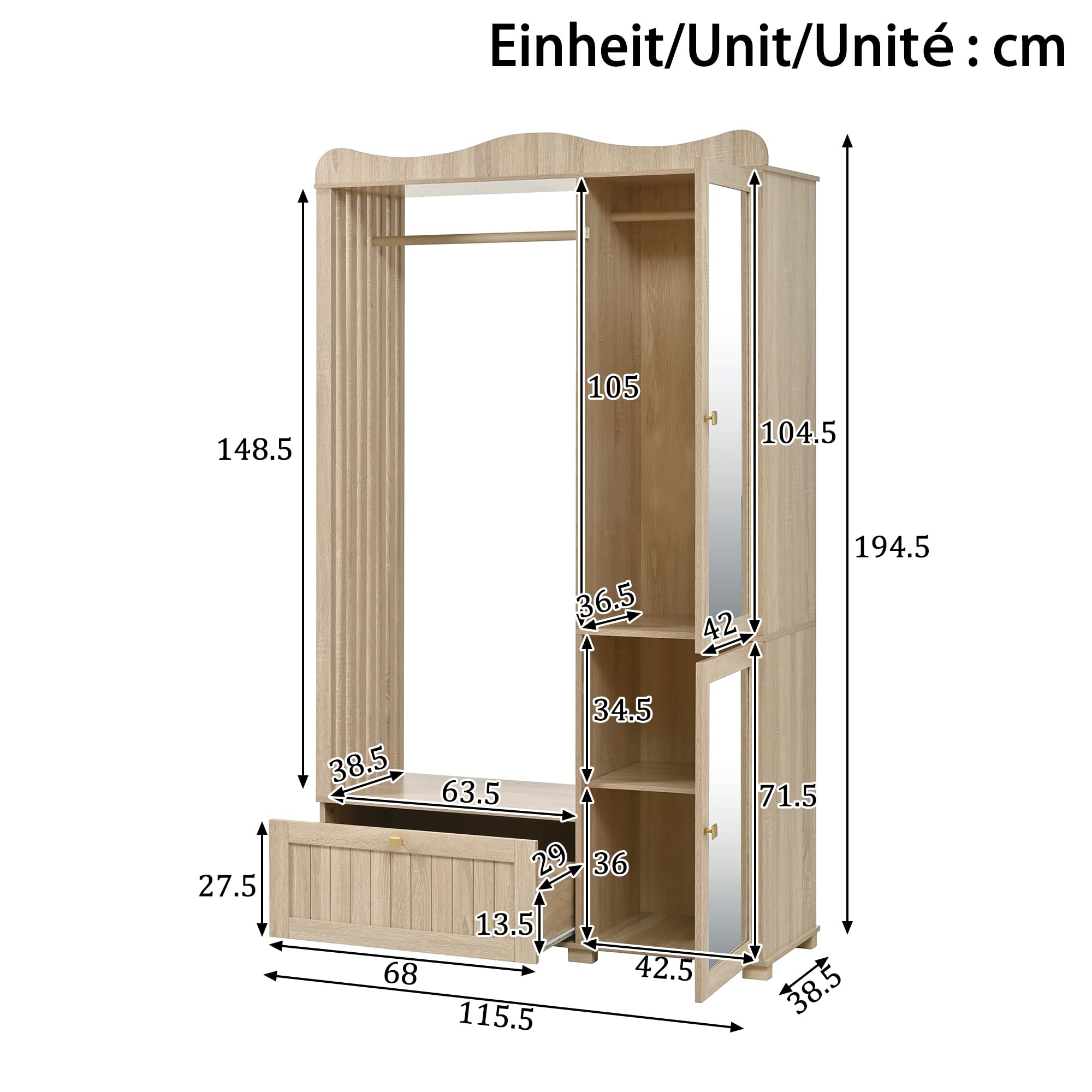 Garderobenschrank mit Spiegel, Garderobe Garderobenset mit Schublade und 2 Türen, Flurgarderobe Flur Möbel, Eichenholzfarbe, 115.5x38.5x194.5 cm