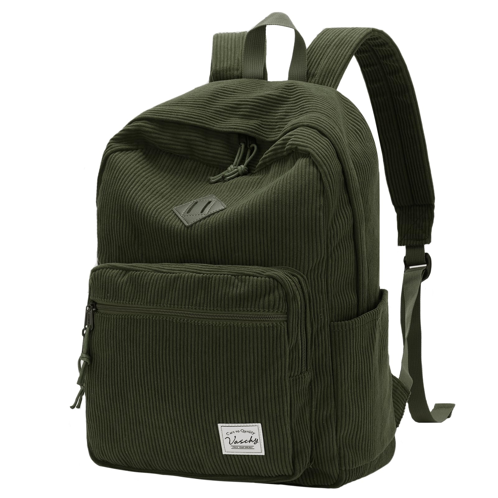 VASCHY Zaino Unisex in Velluto a Coste, Leggero Zaino Scuola Media e Superiore con Tasche Multiple e Scomparto Imbottito per Laptop 15,6 pollici Verde Scuro