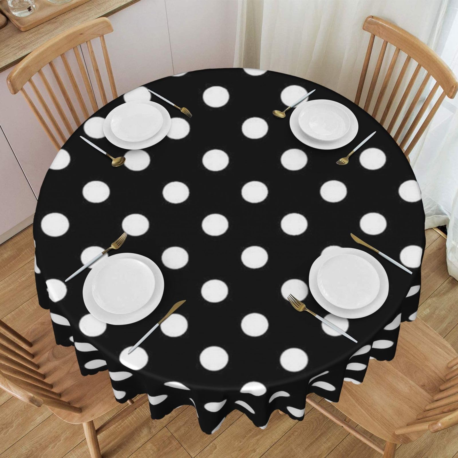 DCEHGEW 60 In Round Tablecloth with Lace, Black and White Polka Dots Printed Oilproof & Washable Fabric Picnic Table Cloth Table Covers