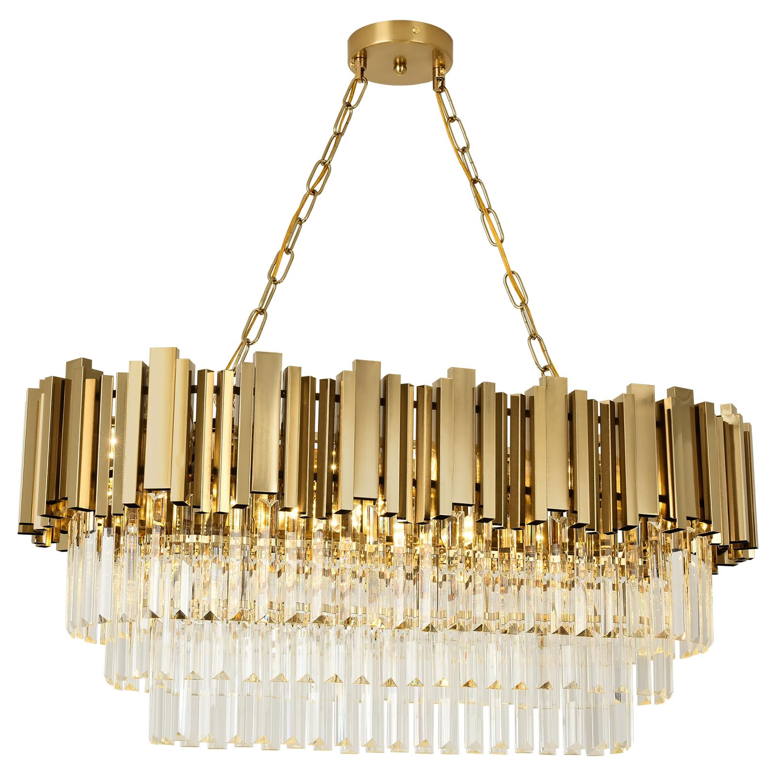 Lampadario moderno in cristallo oro, illuminazione a sospensione ovale in cristallo per soggiorno, sala da pranzo, camera da letto, ristorante, E14 x 8, 80 x 35cm