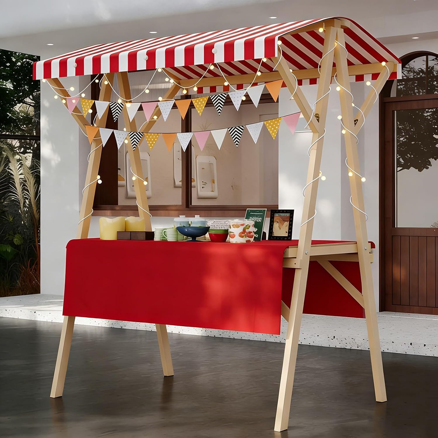 Carrello Venditore Bancarella Pieghevole, Carrello del Venditore di Cibo con Tettoia, Bancarella Commerciale in Legno per Centri Commerciali E Mercati Notturni,07,150cm/59in