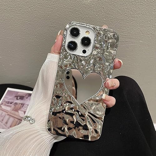 Miniatura 2 de Ownest Funda compatible con iPhone 1212 Pro con lámina de estaño chapada de lujo, plisado, espejo de corazón plateado, purpurina, bonito diseño