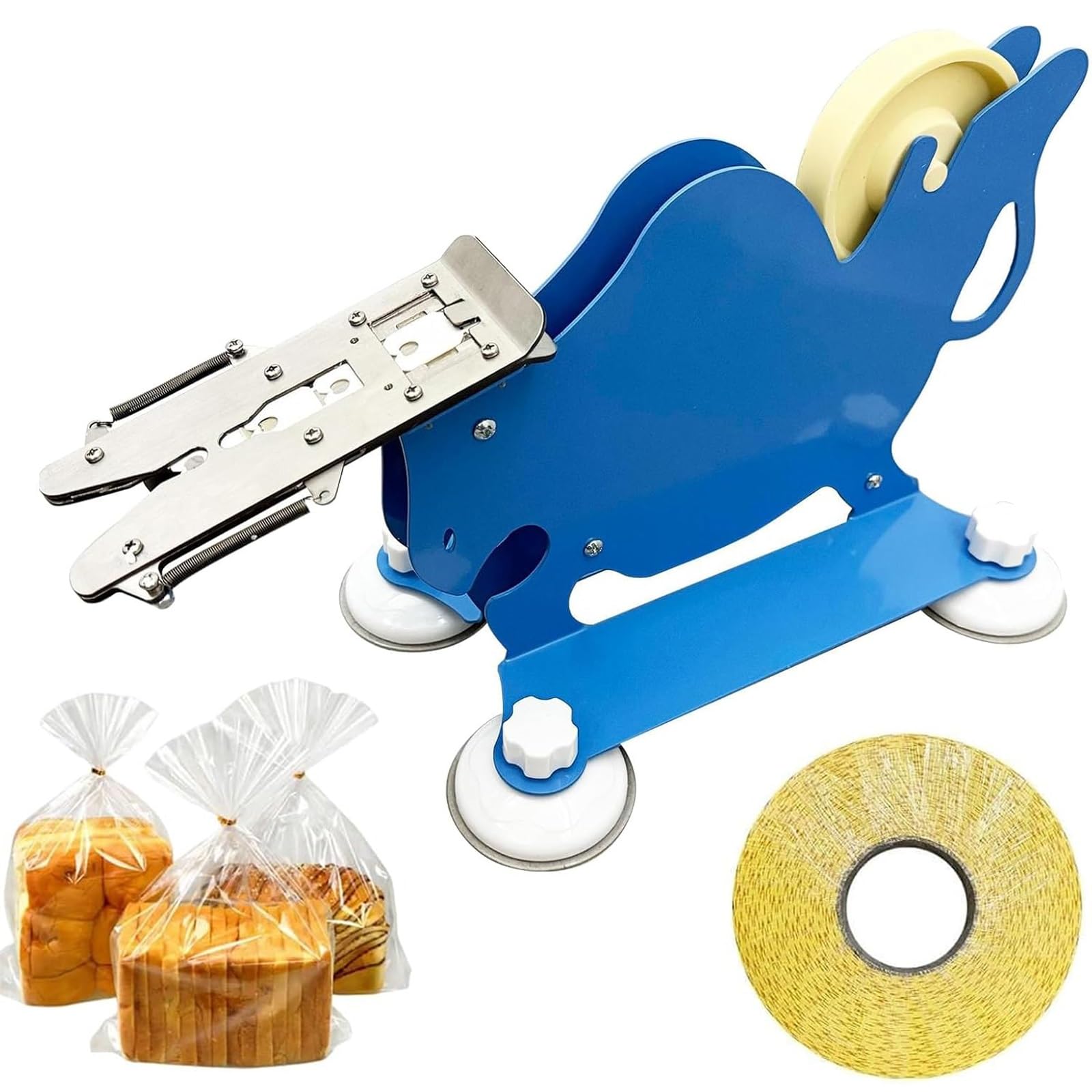 BOOZXCV Manual Bread Bag Clip Sealing Machine, Plastic Bag Clasp Packing Machine with 1-Roll Clip, Stainless Steel Clamping Sealer with Suction Cups for Cookie, Bread, Candy Packaging