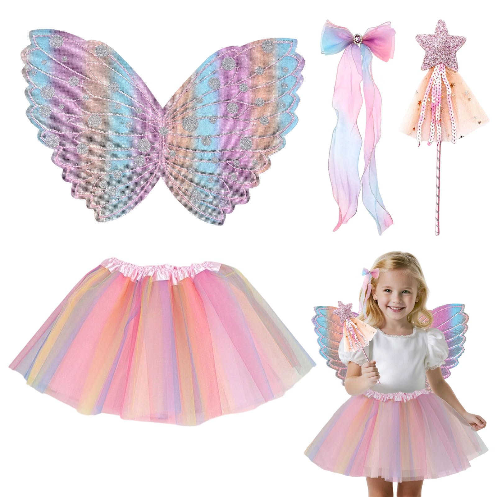 4 Pcs Fairy Costume Set for Girls, Butterfly Wing Fancy Dress Outfit with Tutu Skirt Magic Wand Bow Hairpin Kids Fairy Wings Angel Princess Costume, Fancy Dress Set for Party Halloween Christmas