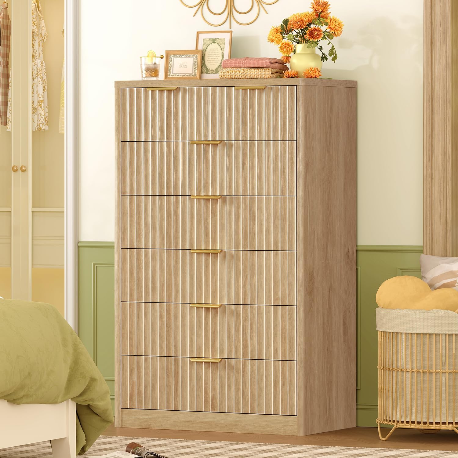 TEENOFN Fluted Dresser for Bedroom with 7 Drawers, 48" Tall Modern Chest of Drawers with Metal Handle, Wooden Dresser TV Stand, Wood Closet Clothes Storage Organizer for Living Room, Hallway, Natural - Image 4