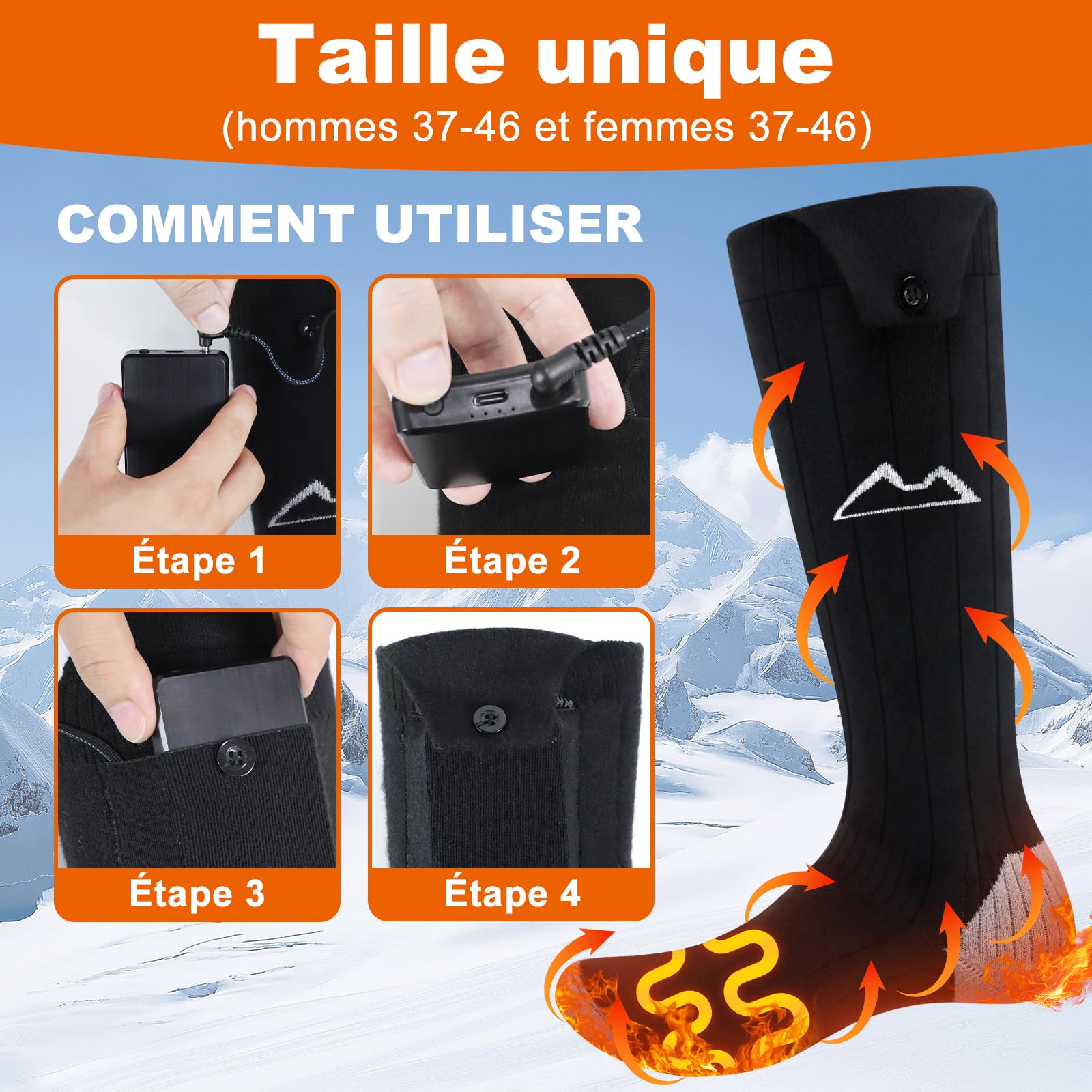 Chaussettes Chauffantes Rechargeables APP Contrôle - 2x5000mAh - 4 Niveaux Chaleur - Lavables - Pour Sport Hiver