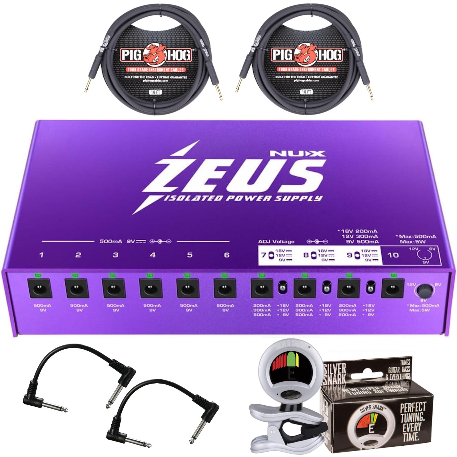 Briskdrop NUX Zeus 10-Output Isolated Power Supply - Bundle with 2 Pig Hog Instrument Cables, 2 Patch Cables and Snark Tuner