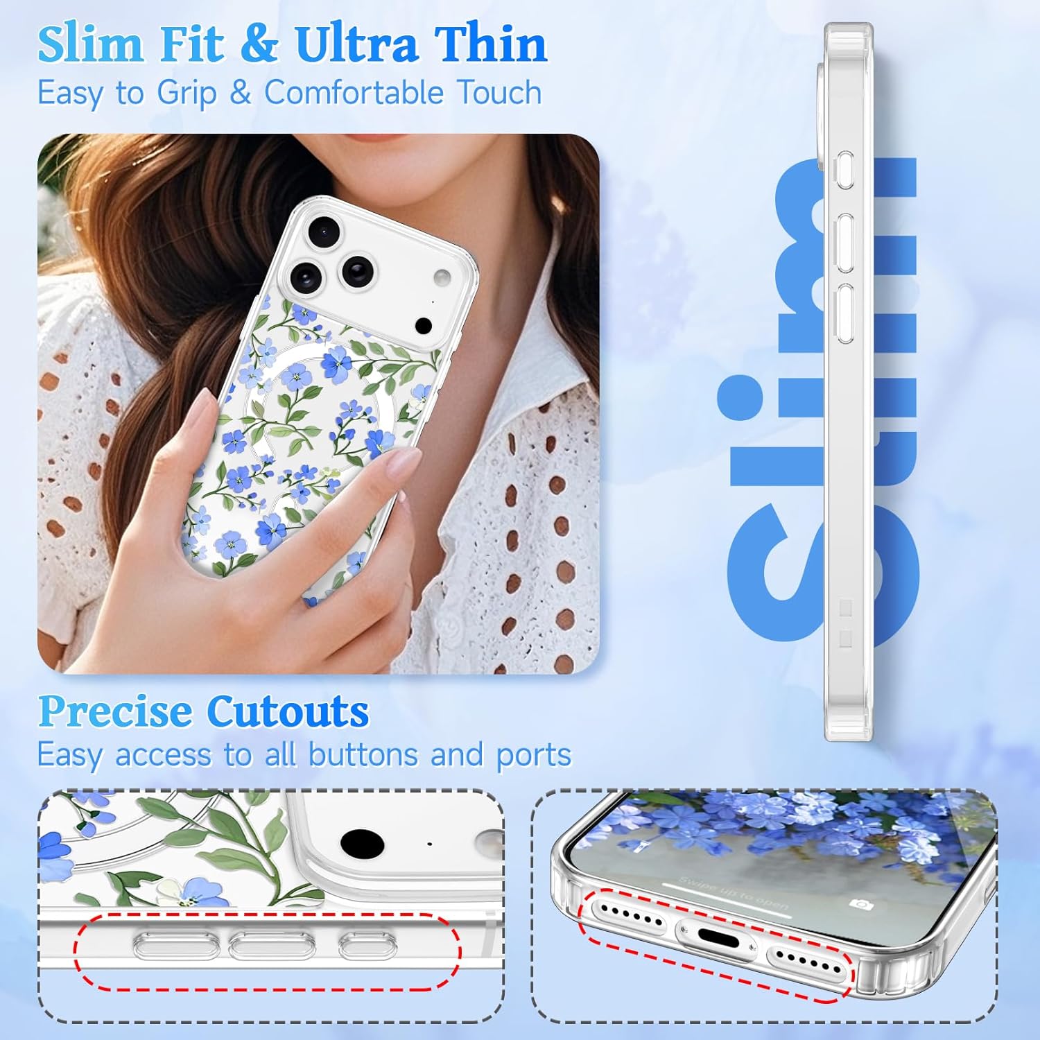 EYZUTAK Magnetic for iPhone 17 Pro Max Case Flower Case Compatible with MagSafe, Pretty Floral Stylish Aesthetic Phone Cover Slim Clear Anti-Yellowing Protective Cover for Girls Women - Blue - Image 6