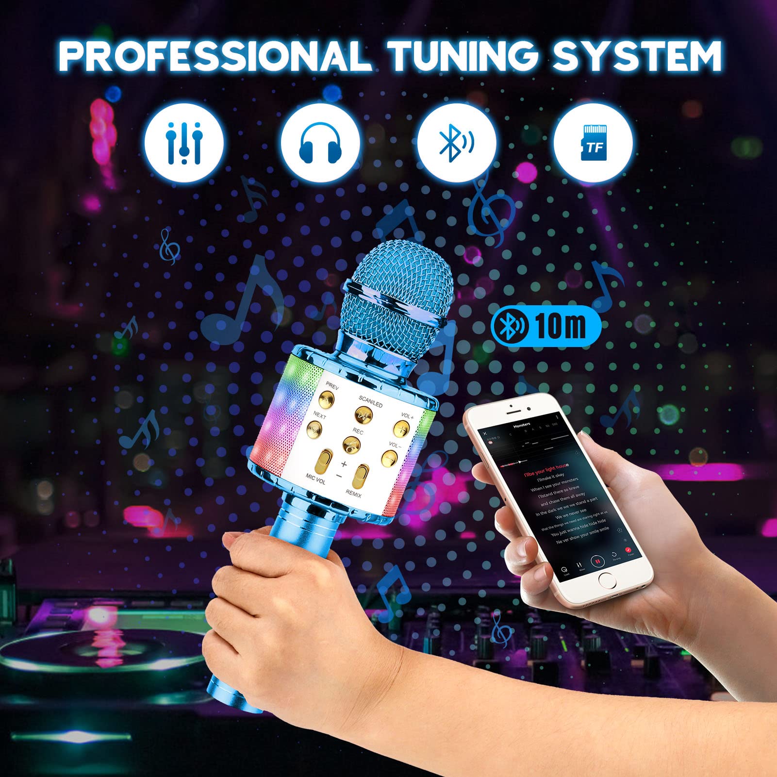 Microfono Karaoke Bluetooth Wireless 4 in 1 per Bambini, LED Portatile per Home KTV Compatibile Android iOS PC Blu