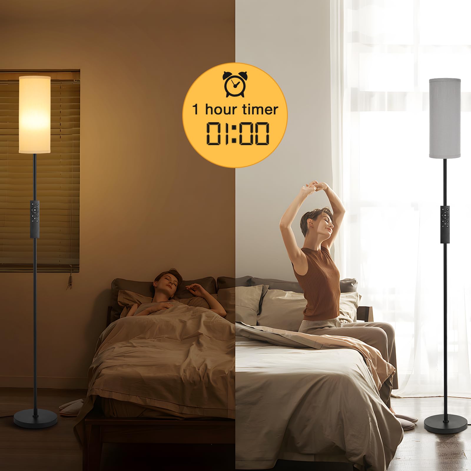 Lampy podłogowe do salonu, 64-calowa nowoczesna lampa podłogowa z pilotem i płynną regulacją temperatury i jasności kolorów, lampy stojące do salonu, sypialni, biura (żarówka 9 W w zestawie)