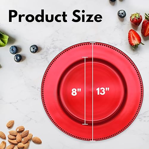 Miniatura 4 de Platos de carga de cuentas rojas metálicas de 13 pulgadas, juego de 10 platos de carga redondos de plástico a granel para bodas, cenas, bodas,