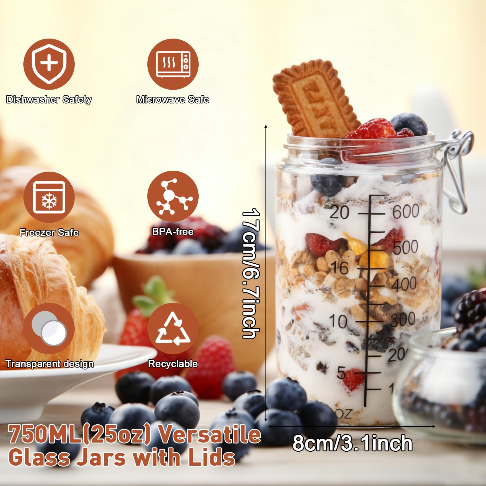 4 Stück Meal Prep Gläser 750ml, Overnight Oats Gläser, Messmarkierungen, Borosilikatglas Einmachgläser mit Schraubverschluss & Luftdichtung, Stapelbare Vorratsgläser für Salat,Joghurt,Pudding