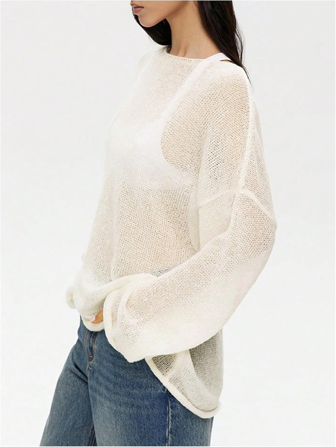 Women's Sheer Mesh Long Sleeve Tops Boat Neck See Through Lightweight Sweater Crochet Knit Tops