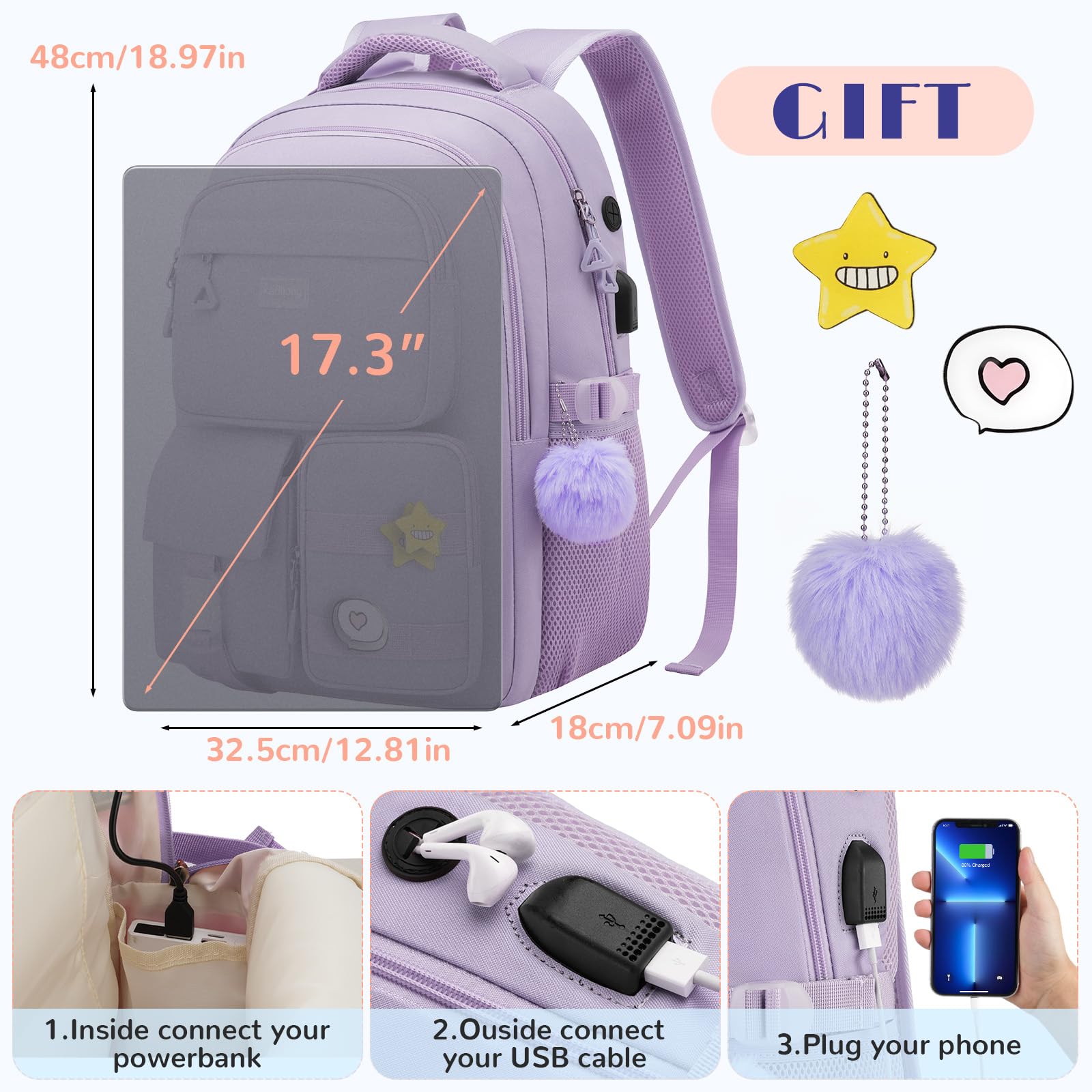 kadilong 17.3 Pouces Sac à Dos Ordinateur Portable 15.6 Pouces Femme,Cartable Scolaire École Collège Lycée Université Fille avec Port de Chargement USB,Sac à Dos Voyage Affaires