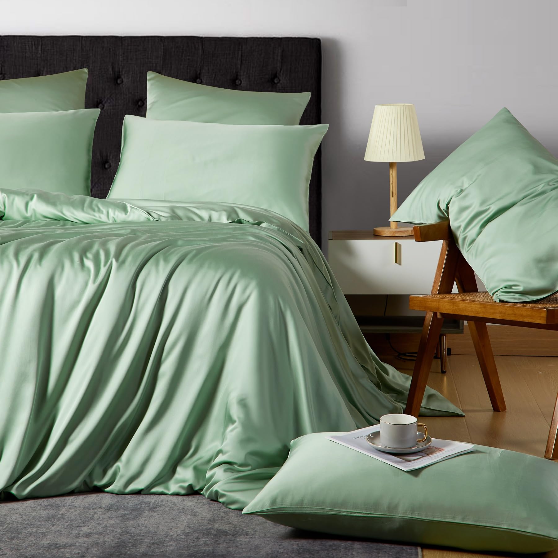 Set di biancheria da letto in bambù 155x220 Verde Tinta unita 50% Bambù Lyocell Lenzuola fresche morbide traspiranti lussuose seta set di copripiumino 3 pezzi con cerniera e 2 federe 80x80 cm