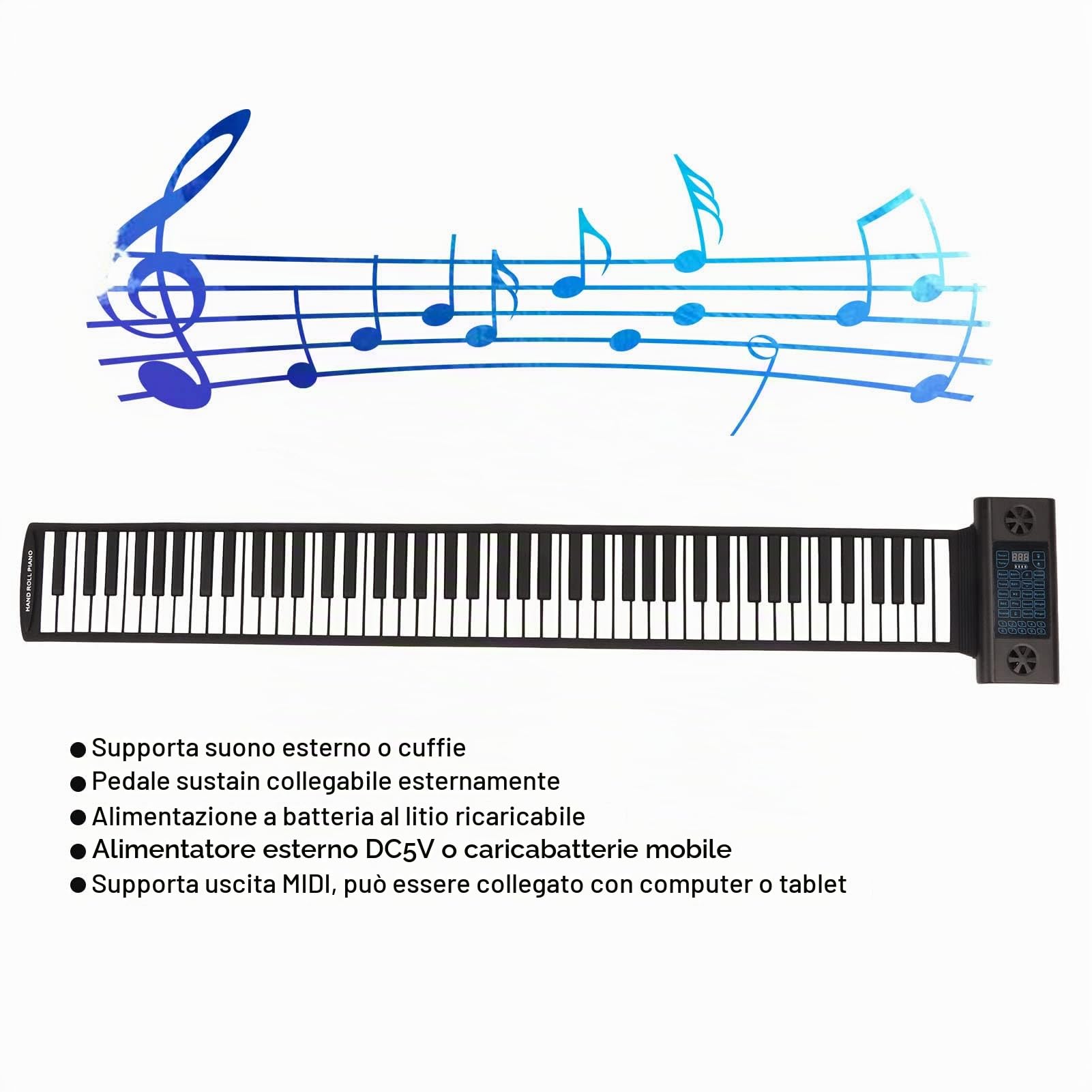 Tastiera per Pianoforte Arrotolabile a 88 Tasti, 28 Toni, 128 Ritmi, 14 Brani Dimostrativi, Display a Tubo Digitale a LED con Funzione MIDI Bluetooth, Piano Elettrico Portatile Pieghevole per(Nero)