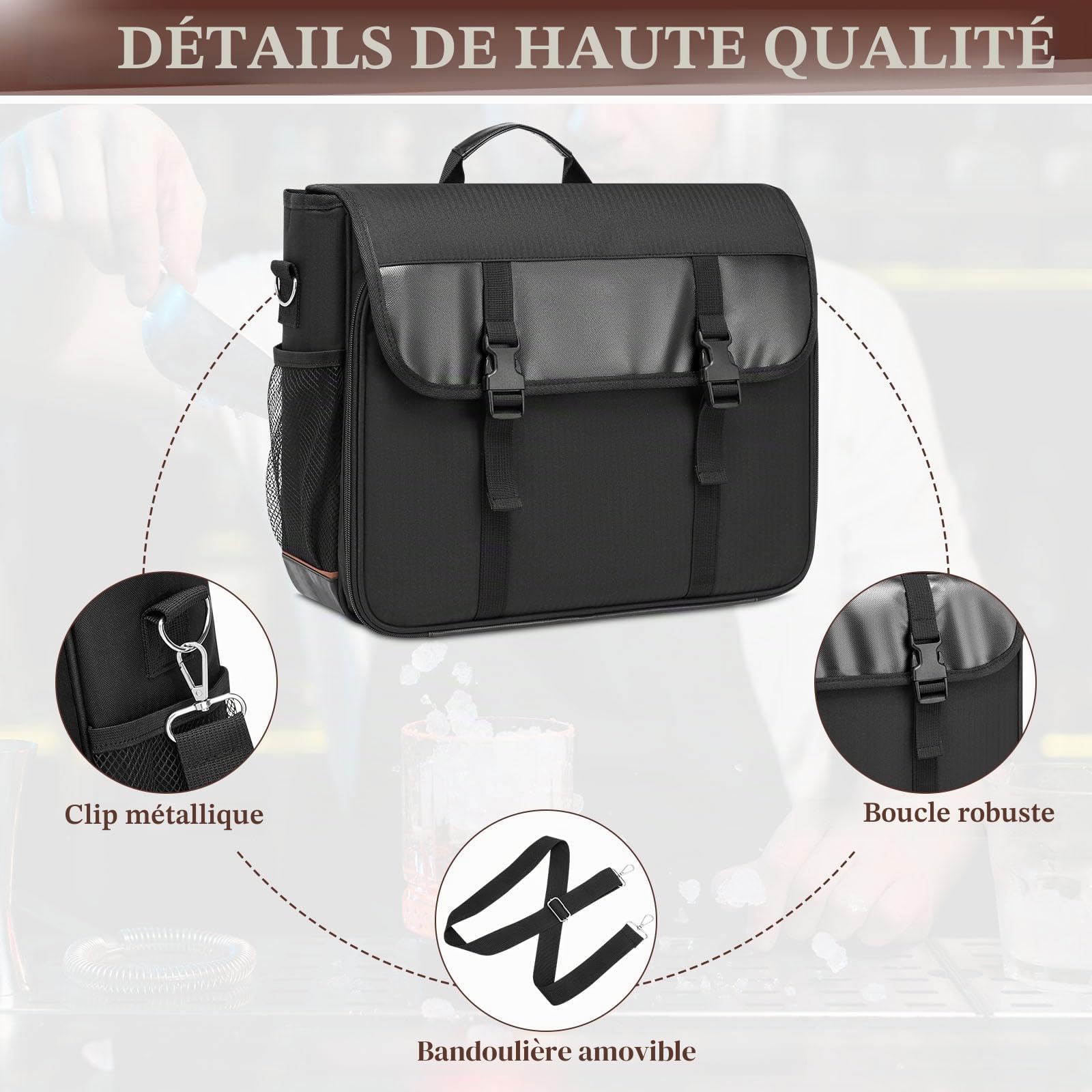 Sac de bartender pour shaker à cocktail, sac messenger avec compartiments rembourrés pour le kit de barman de voyage, sac à outils portable, parfait pour agitateurs à cocktail et shakers de