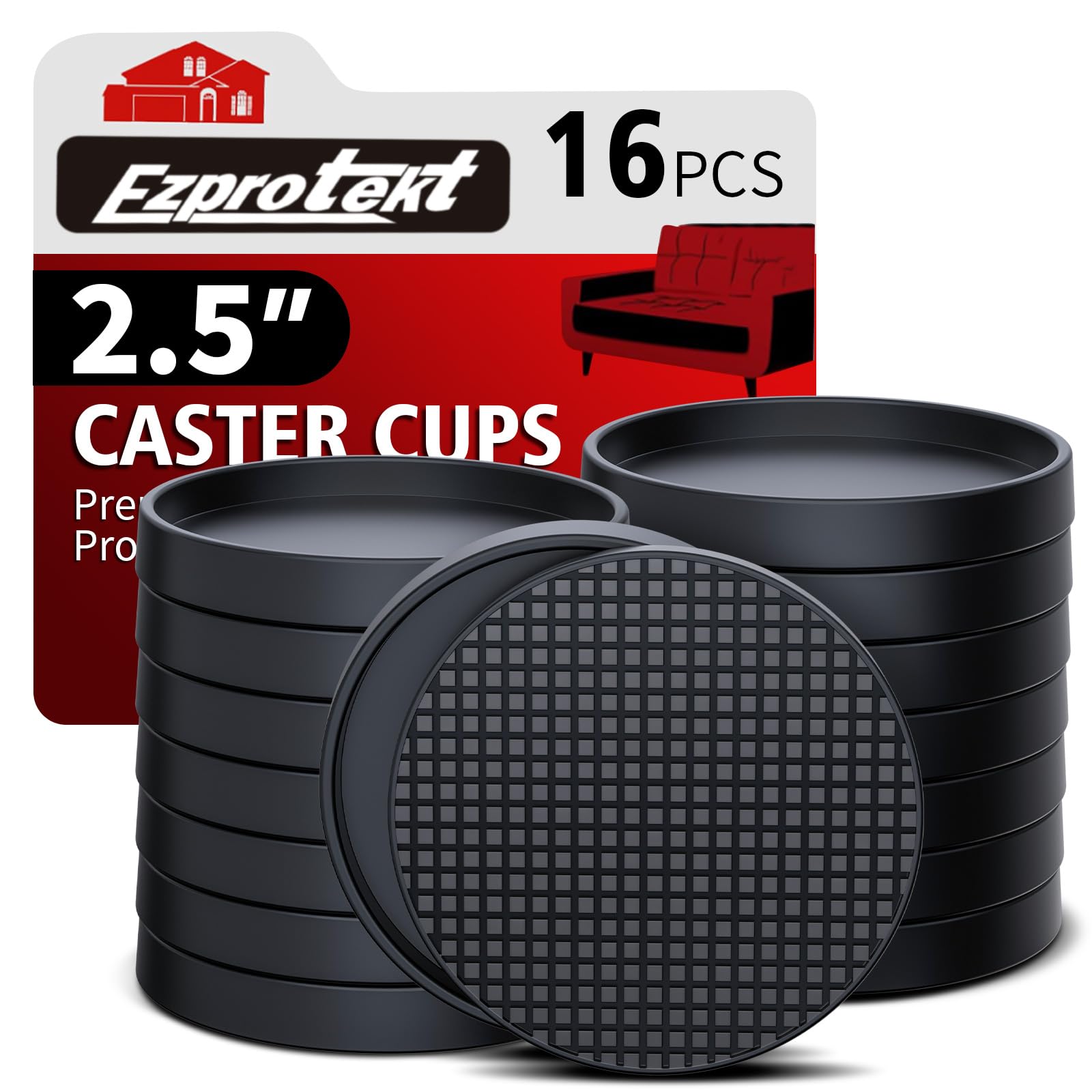 Ezprotekt Non Slip Furniture Pads, 16 Pcs 2.5" Anti Slip Rubber Caster Cups, Anti Skid Furniture Coasters for Hardwood Floors, No Slide Furniture Gripper, Furniture Stoppers to Prevent Sliding(Black)