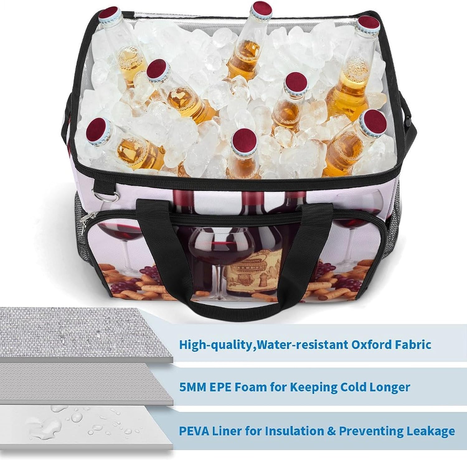 Large Capacity Oxford Cloth Red Wine Printed Camping Ice Bag, Outdoor Portable Insulation and Cooling Bag, Suitable for Outdoor Camping and Picnics