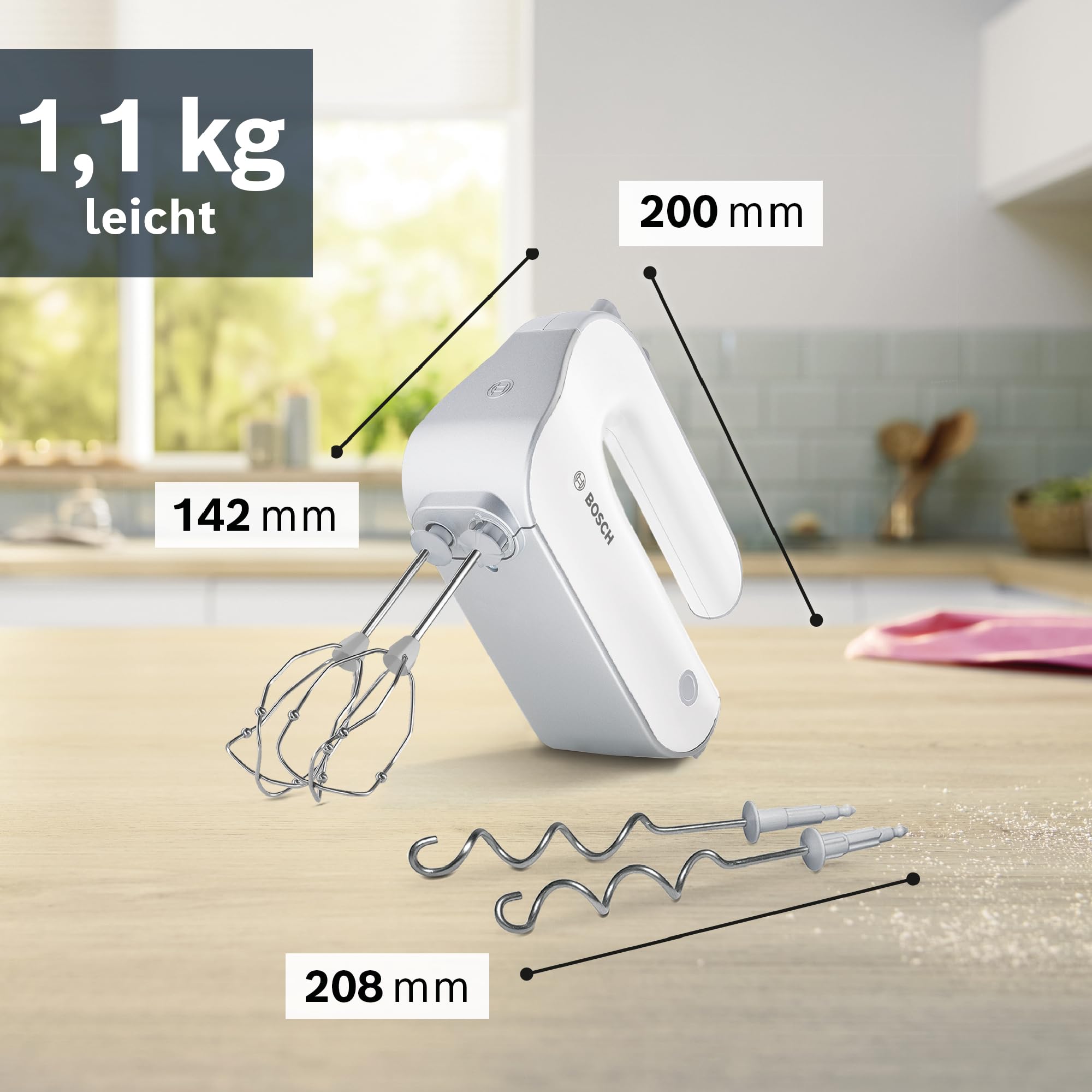 Bosch Handrührgerät, 2 Rührbesen, 2 Edelstahl-Knethaken, spülmaschinenfest, Zerkleinerer, Pürierstab, Mixbecher, 5 Stufen, Turbostufe, leicht, 500 W, weiß/silber, MFQ4080