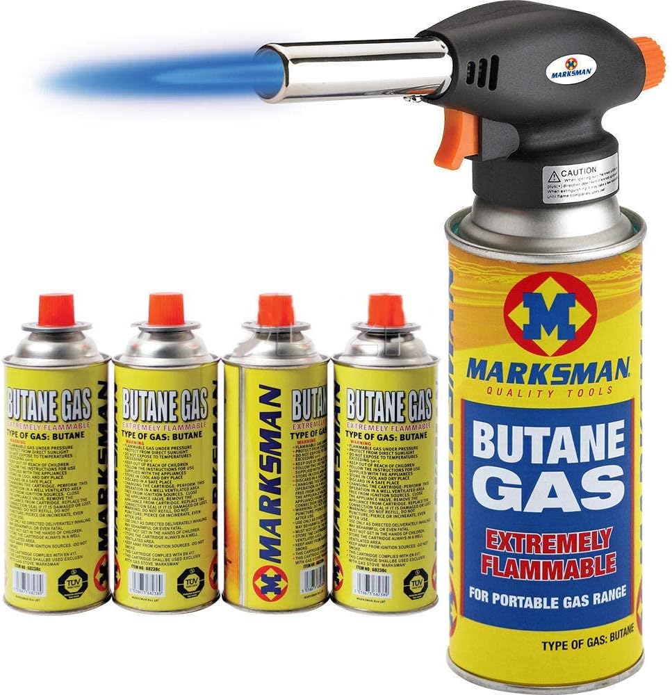 Blow Torch Butane FLAMETHROWER Welding 4 Gas Bottles Refill AUTO