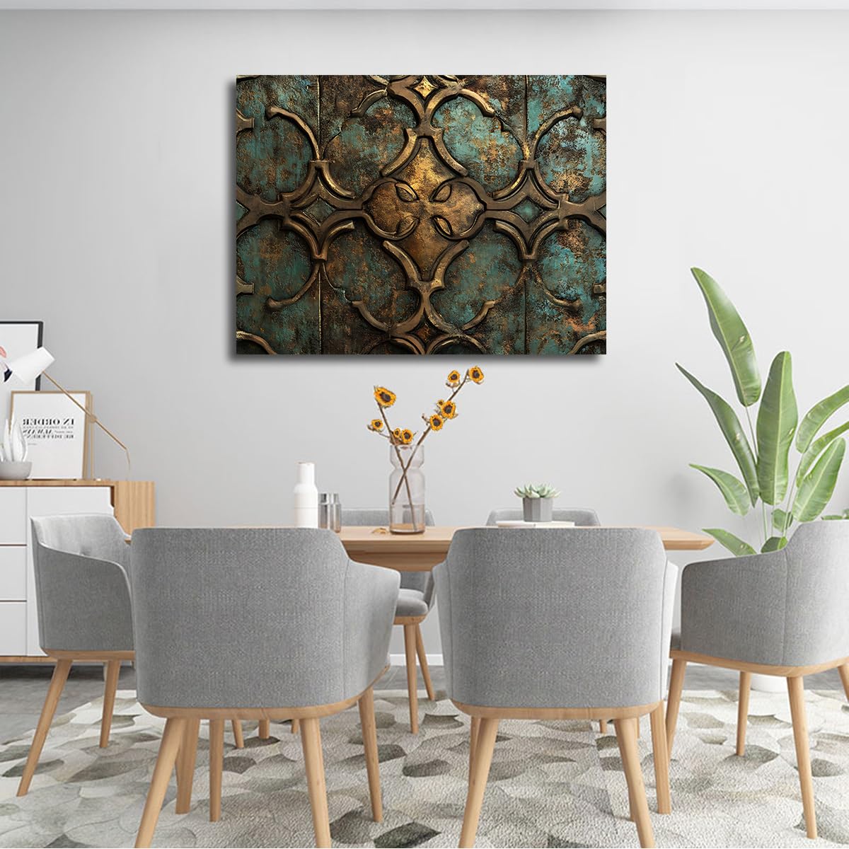 Via Vela Vintage kwiatowy obraz na płótnie geometryczne kwiaty rustykalne teksturowane tło obraz plakatowy shabby chic obraz ścienny do sypialni, kuchni dekoracja 90 x 120 cm