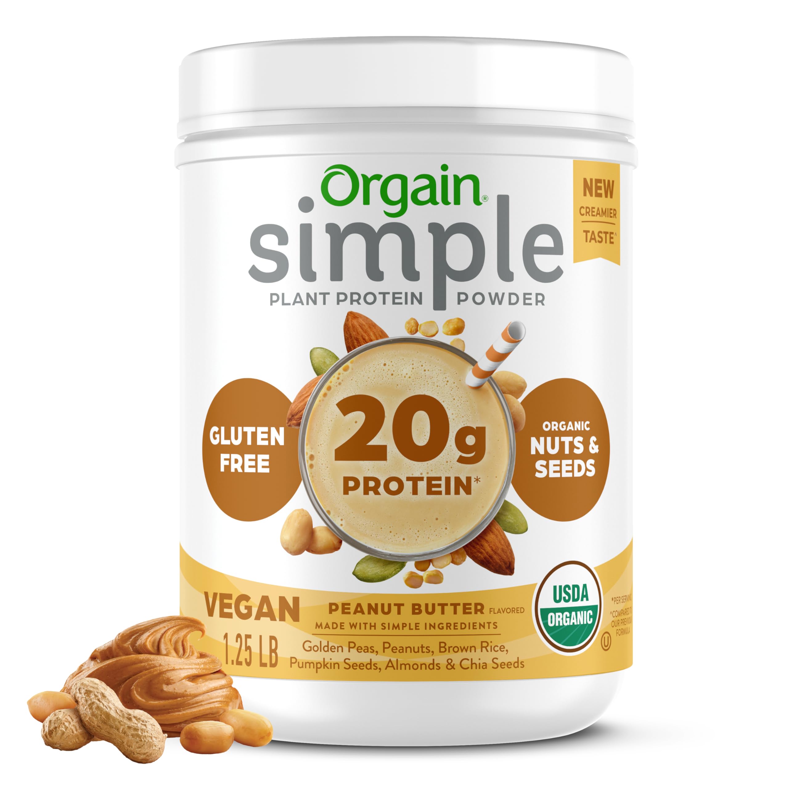 OrgainOrganic Simple Vegan Protein Powder, Peanut Butter - 20g Plant Based Protein, With less Ingredients, No Artificial Sweeteners, Gluten Free, No Dairy or Lactose, 1.25 lb (Packaging May Vary)USDA Organic