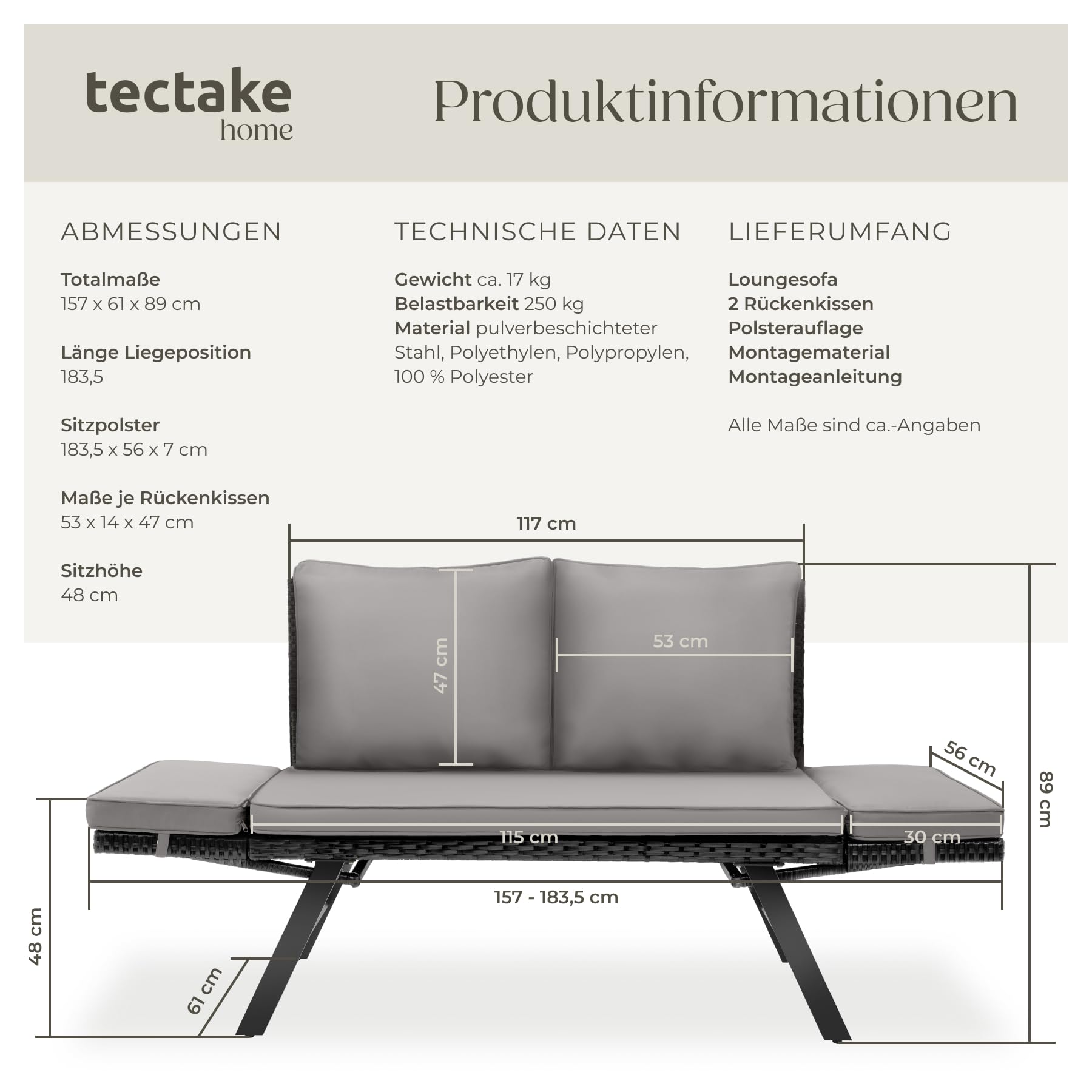 tectake® Rattan Loungesofa und Sonnenliege, Gartenmöbel, Lounge Möbel Outdoor, Sitzbank Schlaffunktion, Couch klappbarer Armlehne, Balkonmöbel, Gartenbank, Sofa, Balkon Möbel - hellgrau/schwarz