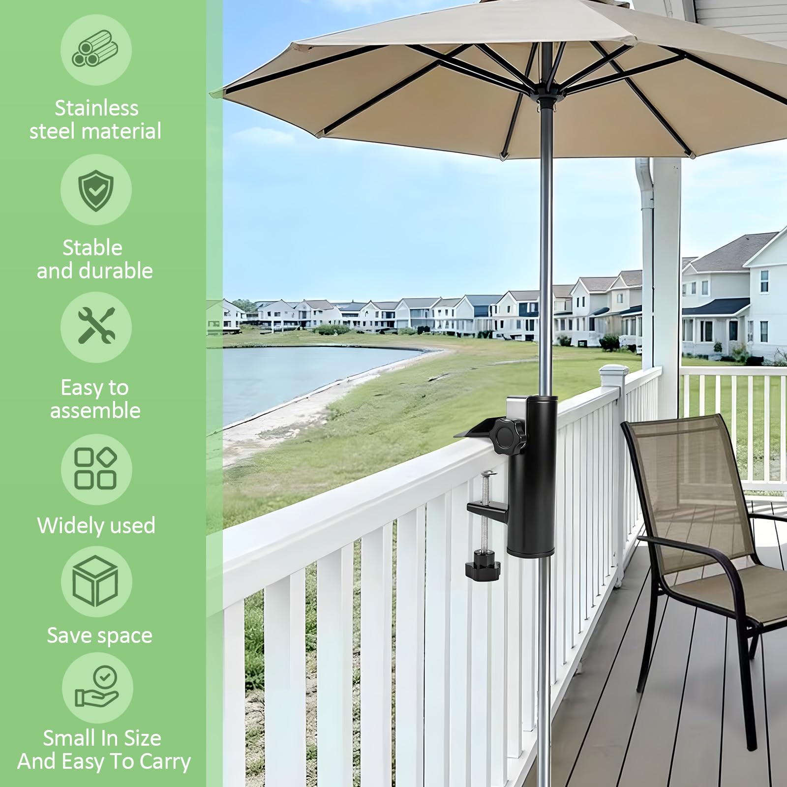 DBREAKS 2Pcs Support de Parasol pour Balcon, Pied de Parasol avec Accroche & Bloc en Caoutchouc, Support de Parasol Réglable, Attache Parasolbalcon pour Balustrade de Balcon, Jardin, Terrasse, Noir