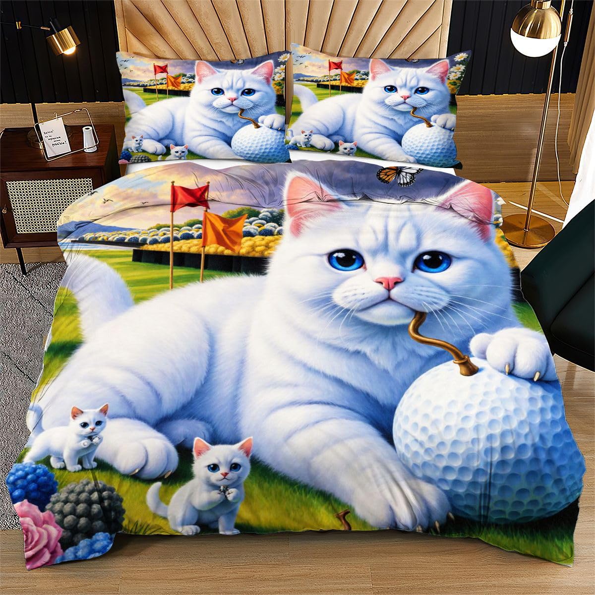 Housse de couette 160x200 chat blanc finie la couette qui glisse dans le lit