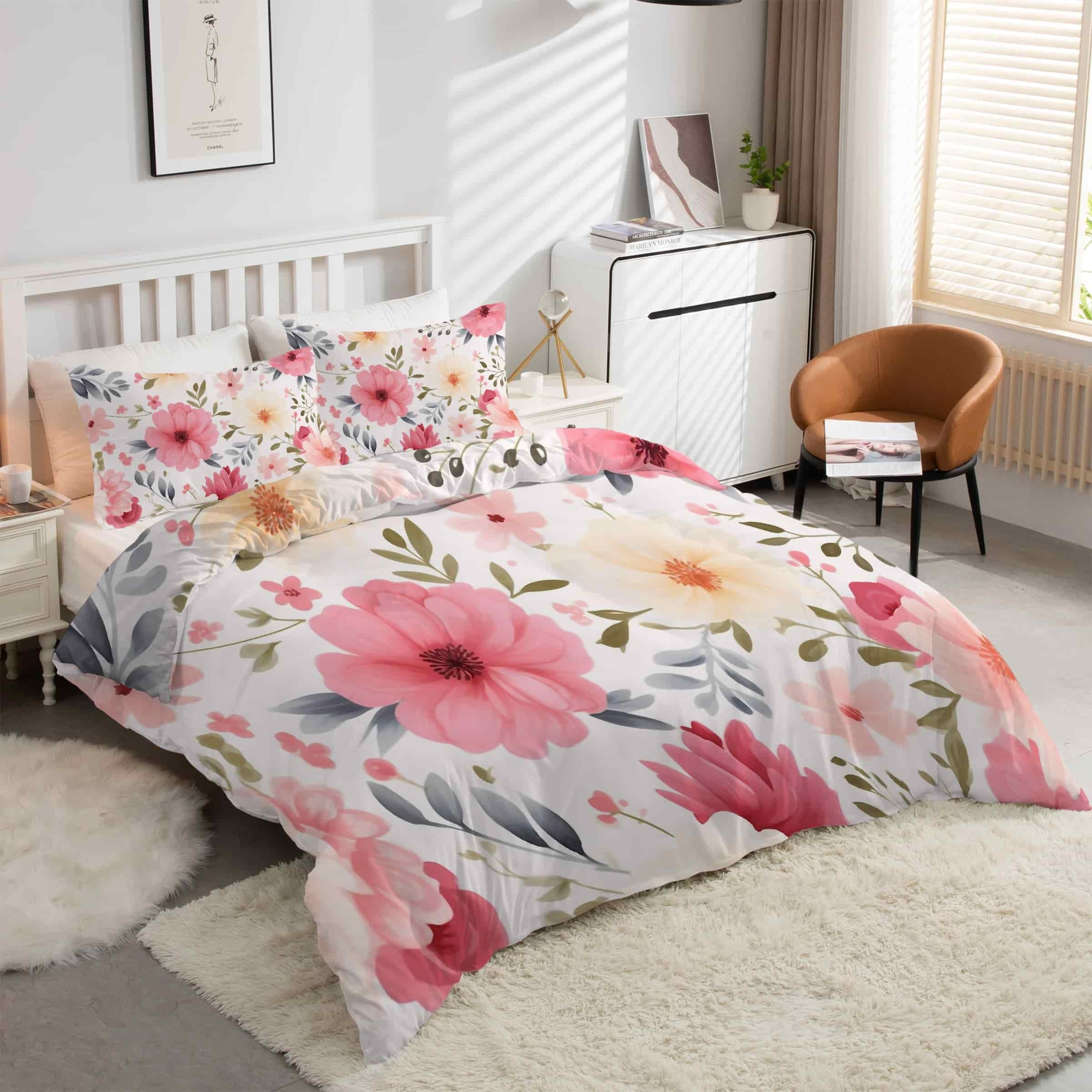 Housse de Couette 240 x 260 Fleurs parure de lit 3 pièces microfibre douce avec fermeture éclair