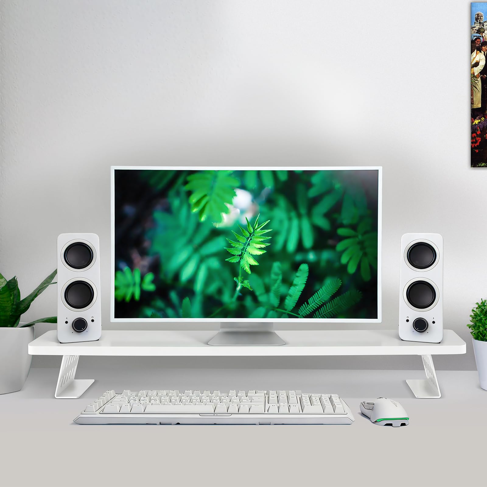Supporto rialzato in legno per monitor 80x23,5x10 cm, supporti per monitor da scrivania, rialzo per doppio monitor e TV, robusto ripiano da scrivania per l'ufficio domestico, Bianco