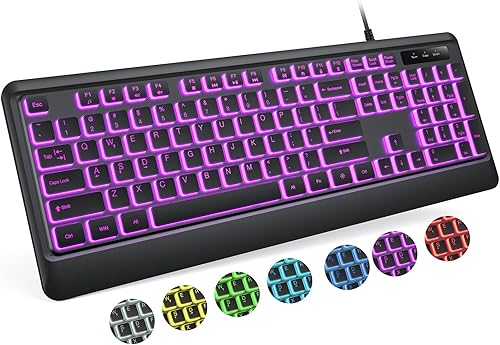 Teclados de computadora retroiluminados, teclado LED USB con cable con retroiluminación de 7 colores, Plug and Play, impermeable, teclado de