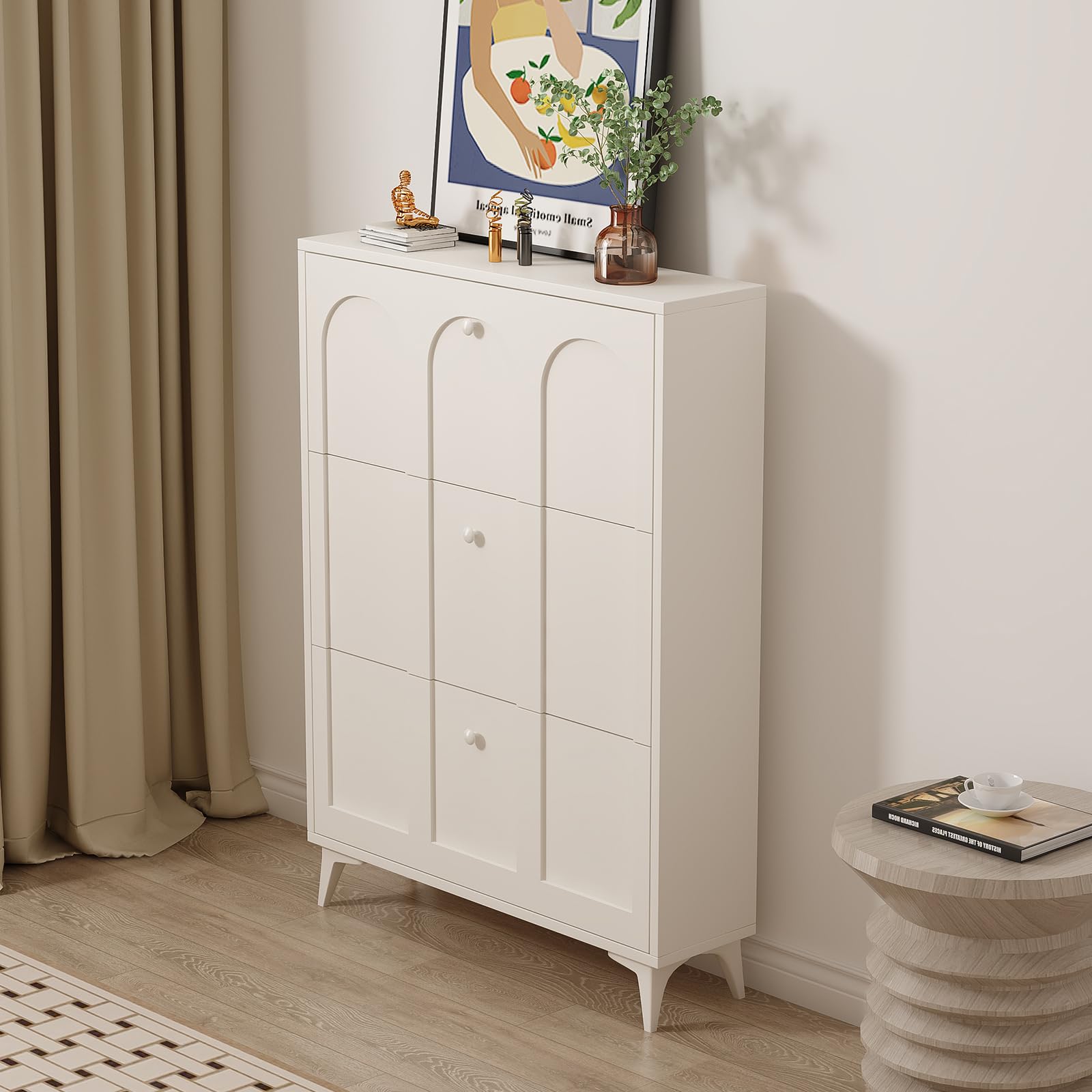 Shoe Organizer Cabinet for Entryway Slim with 3 Flip Drawers,Freestanding Narrow Shoe Rack,Modern Tipping Bucket Shoe Cabinet,Suitable for Living Room(Cream)