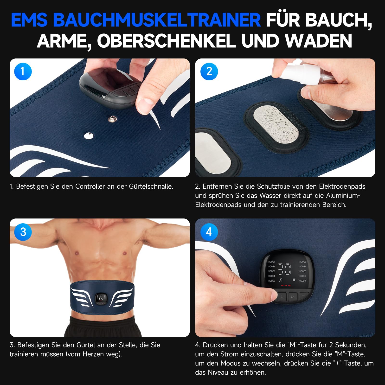 Profey EMS Bauchmuskeltrainer, Bauchmuskeltrainer Elektrisch für Arm Bein, EMS Trainingsgerät mit 10 Modi und 30 Intensitäten, EMS Gerät Bauchtrainer mit Aluminium-Elektroden, Kalorienanzeige